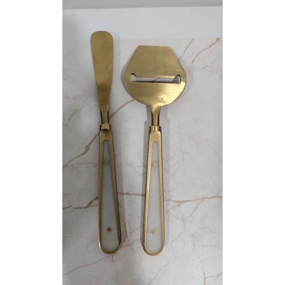 Anthropologie Gold Cheese Serving Set Spreader and Slicer White Inlay Handles